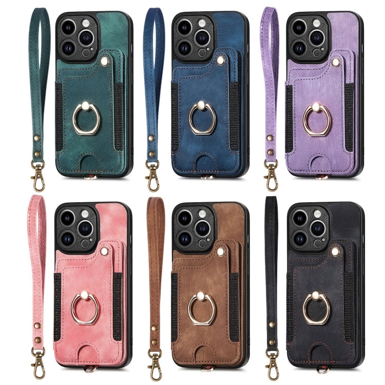 For iPhone 15 Pro Retro Skin-feel Ring Multi-card Wallet Phone Case(Pink) - HoMEdemic™ 