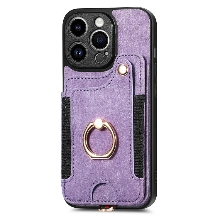 For iPhone 15 Pro Retro Skin-feel Ring Multi-card Wallet Phone Case(Purple) - HoMEdemic™ 