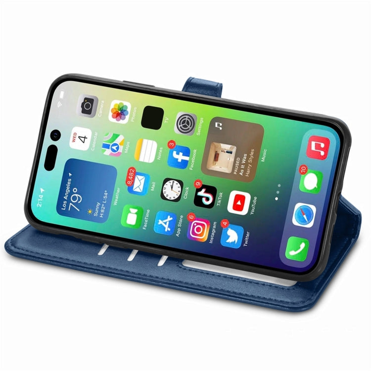 For  iPhone 15 Pro Retro Solid Color Buckle Leather Phone Case(Blue) - HoMEdemic™ 