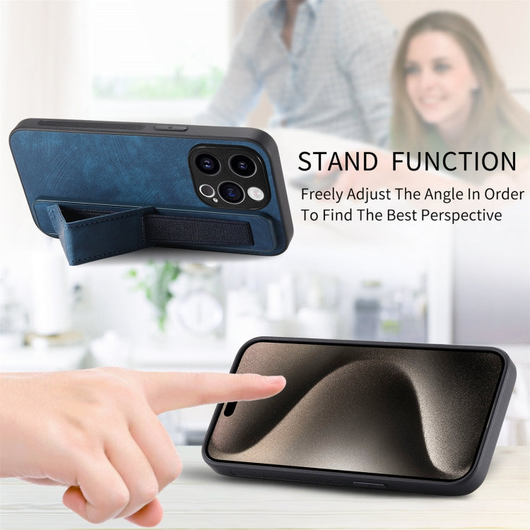 For iPhone 15 Pro Retro Wristband Holder Leather Back Phone Case(Blue) - HoMEdemic™ 