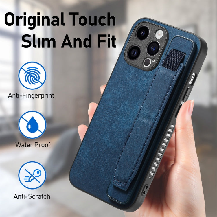 For iPhone 15 Pro Retro Wristband Holder Leather Back Phone Case(Blue) - HoMEdemic™ 