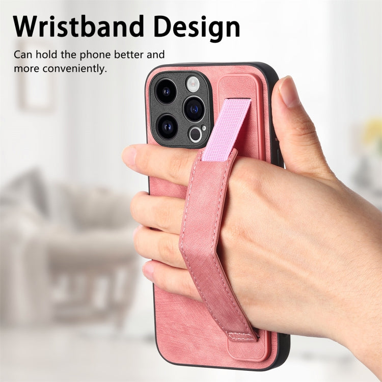 For iPhone 15 Pro Retro Wristband Holder Leather Back Phone Case(Pink) - HoMEdemic™ 