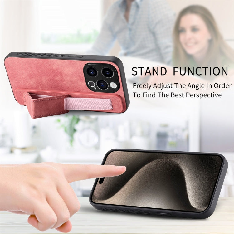 For iPhone 15 Pro Retro Wristband Holder Leather Back Phone Case(Pink) - HoMEdemic™ 