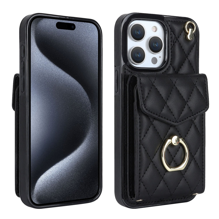For iPhone 15 Pro Rhombic Texture Card Bag Phone Case with Long Lanyard(Black) - HoMEdemic™ 