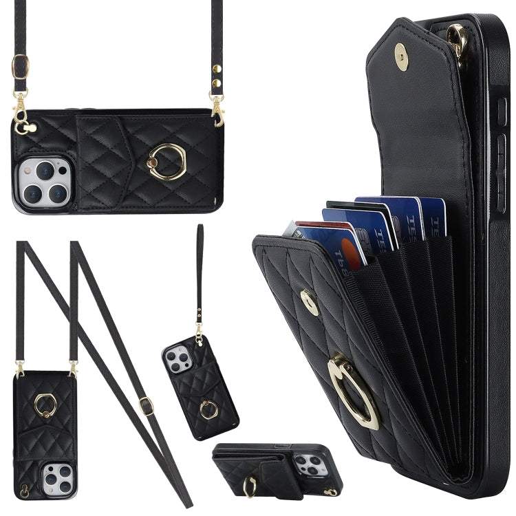 For iPhone 15 Pro Rhombic Texture Card Bag Phone Case with Long Lanyard(Black) - HoMEdemic™ 