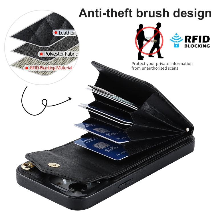 For iPhone 15 Pro Rhombic Texture Card Bag Phone Case with Long Lanyard(Black) - HoMEdemic™ 