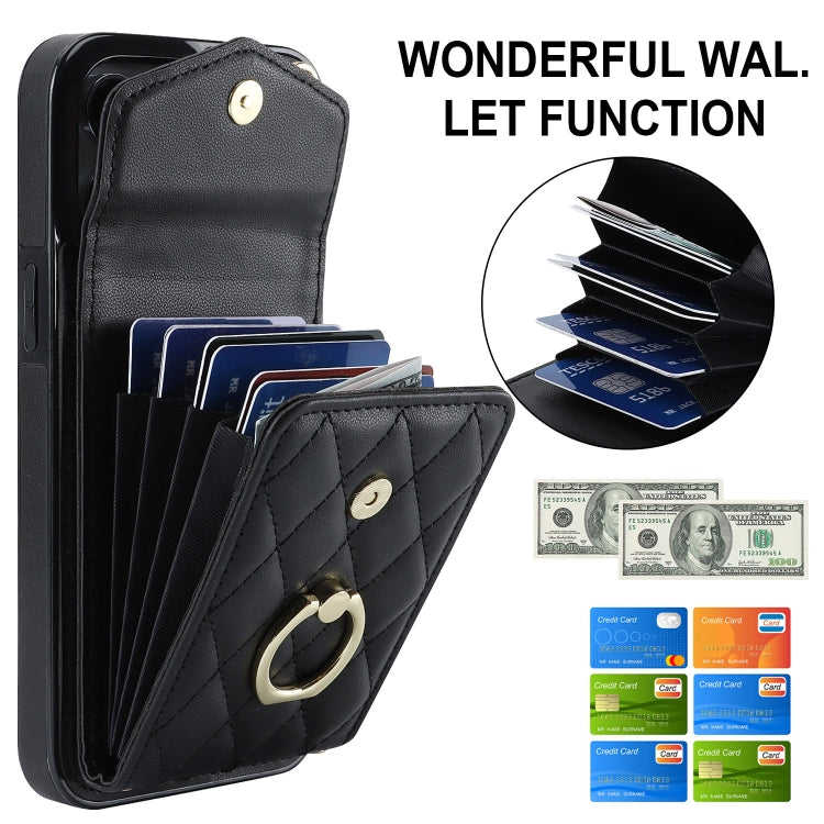 For iPhone 15 Pro Rhombic Texture Card Bag Phone Case with Long Lanyard(Black) - HoMEdemic™ 