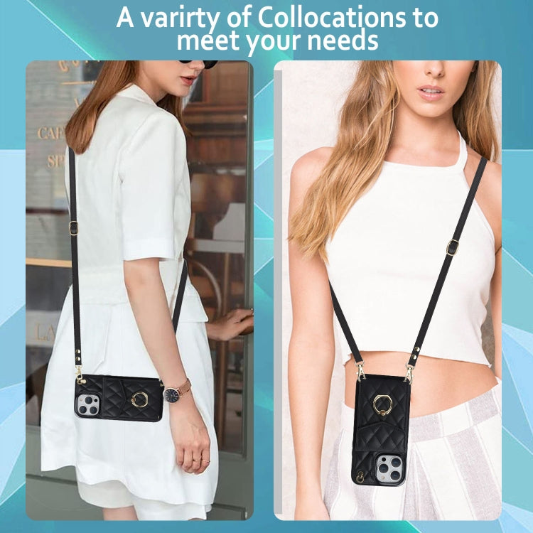 For iPhone 15 Pro Rhombic Texture Card Bag Phone Case with Long Lanyard(Black) - HoMEdemic™ 