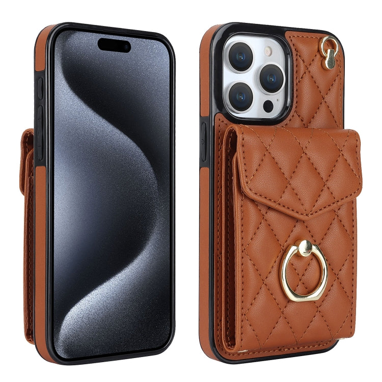 For iPhone 15 Pro Rhombic Texture Card Bag Phone Case with Long Lanyard(Brown) - HoMEdemic™ 
