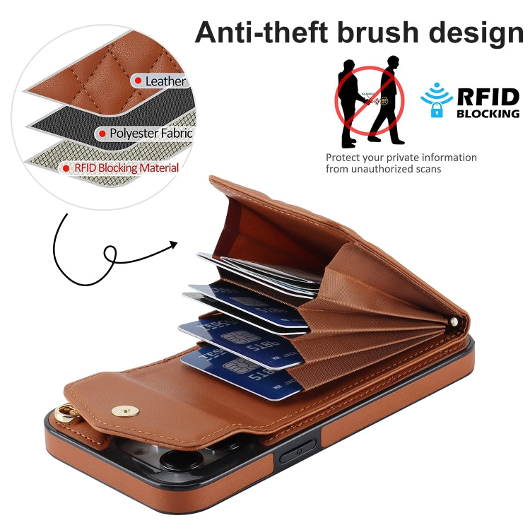 For iPhone 15 Pro Rhombic Texture Card Bag Phone Case with Long Lanyard(Brown) - HoMEdemic™ 
