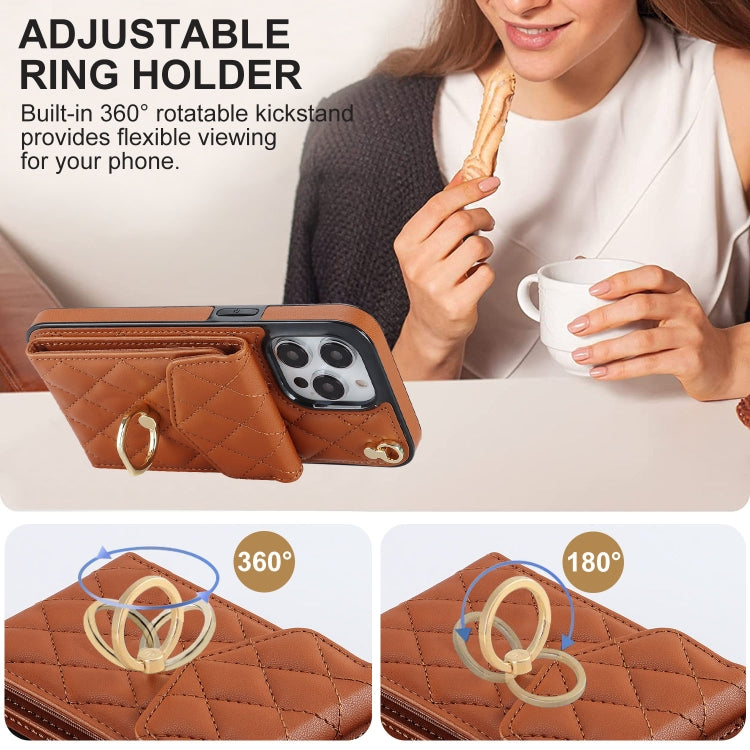 For iPhone 15 Pro Rhombic Texture Card Bag Phone Case with Long Lanyard(Brown) - HoMEdemic™ 