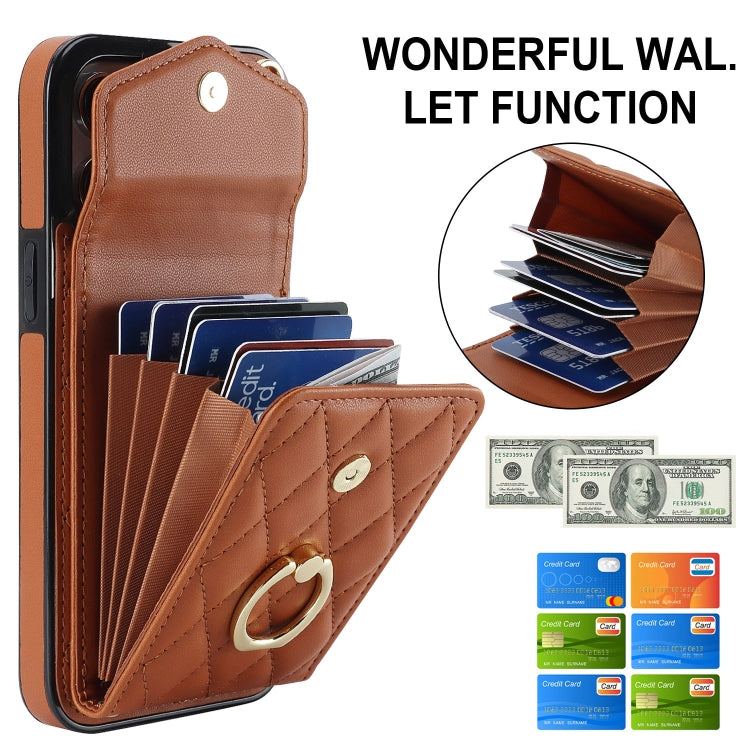 For iPhone 15 Pro Rhombic Texture Card Bag Phone Case with Long Lanyard(Brown) - HoMEdemic™ 