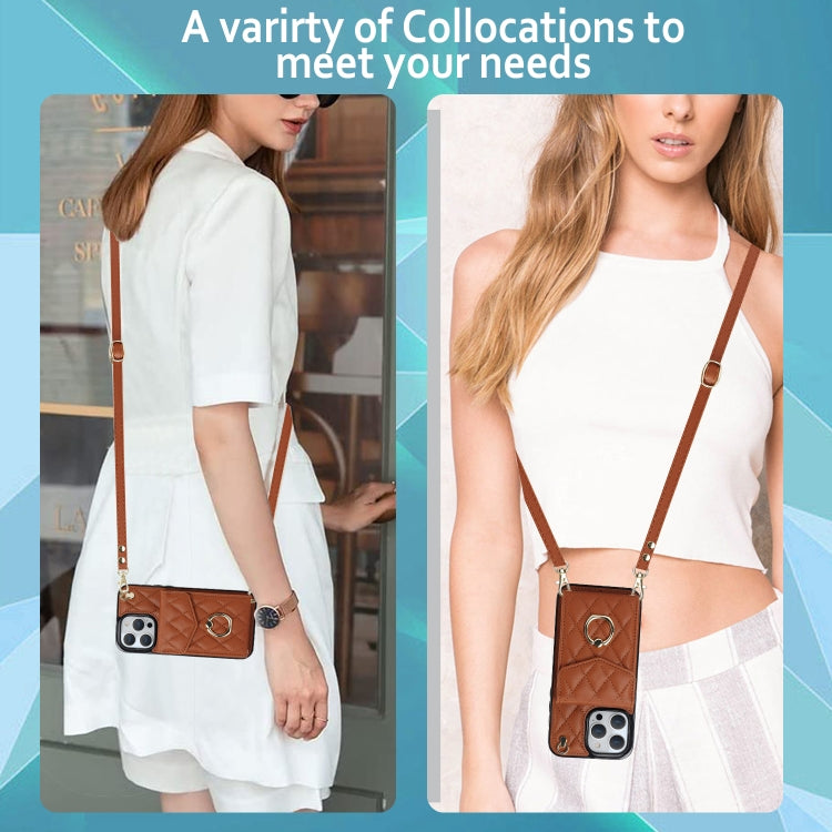 For iPhone 15 Pro Rhombic Texture Card Bag Phone Case with Long Lanyard(Brown) - HoMEdemic™ 