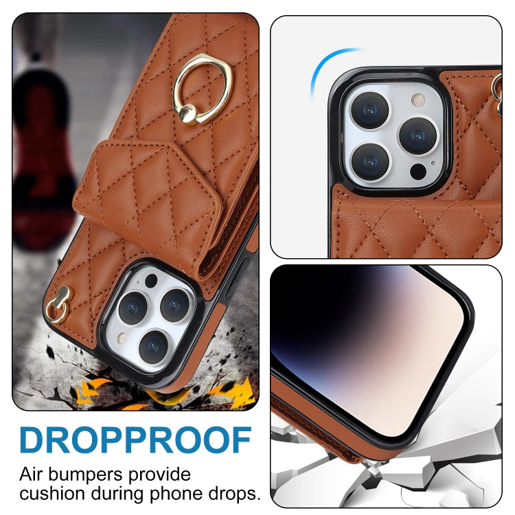 For iPhone 15 Pro Rhombic Texture Card Bag Phone Case with Long Lanyard(Brown) - HoMEdemic™ 
