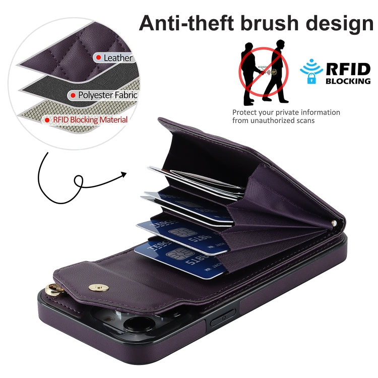 For iPhone 15 Pro Rhombic Texture Card Bag Phone Case with Long Lanyard(Dark Purple) - HoMEdemic™ 