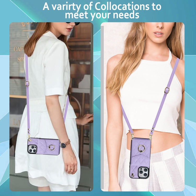 For iPhone 15 Pro Rhombic Texture Card Bag Phone Case with Long Lanyard(Light Purple) - HoMEdemic™ 
