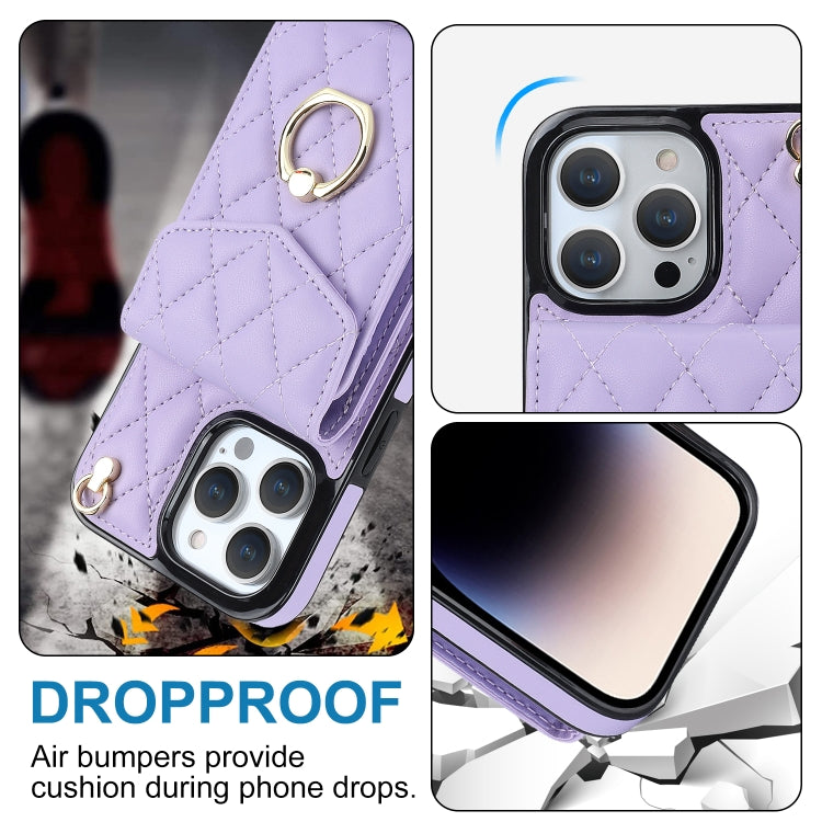 For iPhone 15 Pro Rhombic Texture Card Bag Phone Case with Long Lanyard(Light Purple) - HoMEdemic™ 