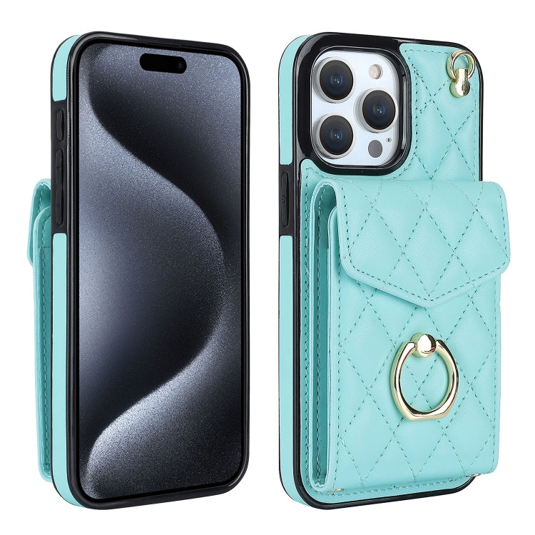 For iPhone 15 Pro Rhombic Texture Card Bag Phone Case with Long Lanyard(Mint Green) - HoMEdemic™ 