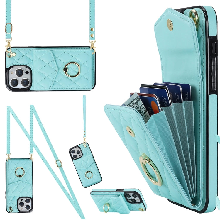 For iPhone 15 Pro Rhombic Texture Card Bag Phone Case with Long Lanyard(Mint Green) - HoMEdemic™ 