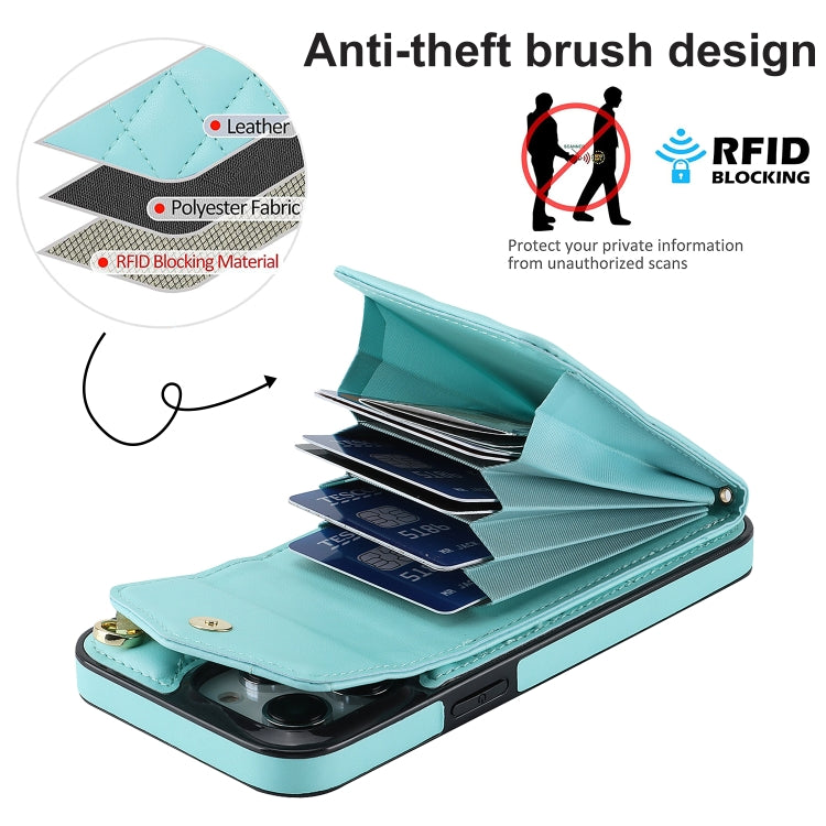 For iPhone 15 Pro Rhombic Texture Card Bag Phone Case with Long Lanyard(Mint Green) - HoMEdemic™ 