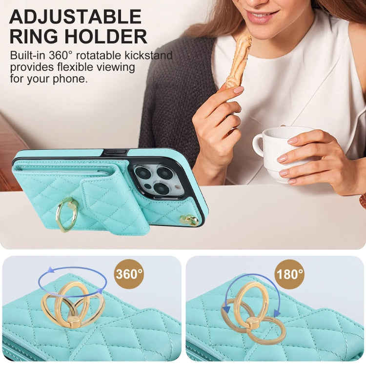 For iPhone 15 Pro Rhombic Texture Card Bag Phone Case with Long Lanyard(Mint Green) - HoMEdemic™ 
