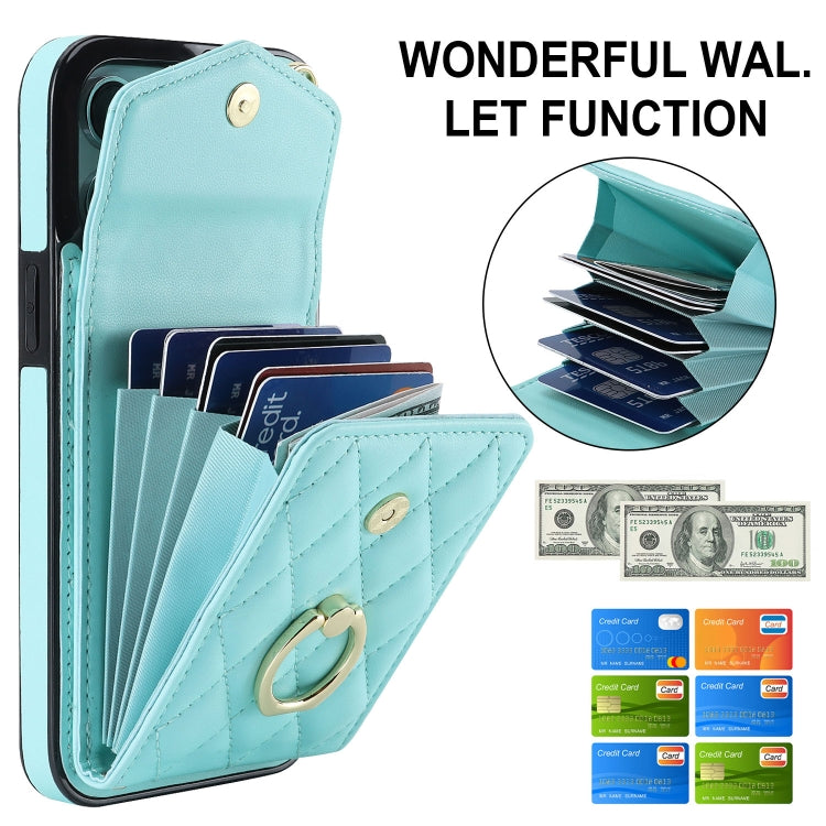 For iPhone 15 Pro Rhombic Texture Card Bag Phone Case with Long Lanyard(Mint Green) - HoMEdemic™ 