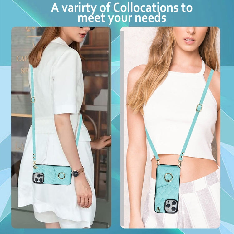 For iPhone 15 Pro Rhombic Texture Card Bag Phone Case with Long Lanyard(Mint Green) - HoMEdemic™ 