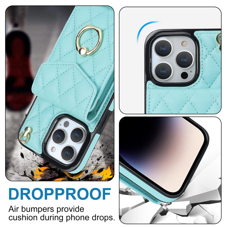 For iPhone 15 Pro Rhombic Texture Card Bag Phone Case with Long Lanyard(Mint Green) - HoMEdemic™ 