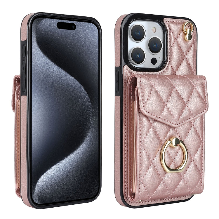 For iPhone 15 Pro Rhombic Texture Card Bag Phone Case with Long Lanyard(Rose Gold) - HoMEdemic™ 