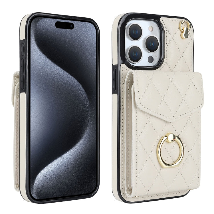 For iPhone 15 Pro Rhombic Texture Card Bag Phone Case with Long Lanyard(White) - HoMEdemic™ 