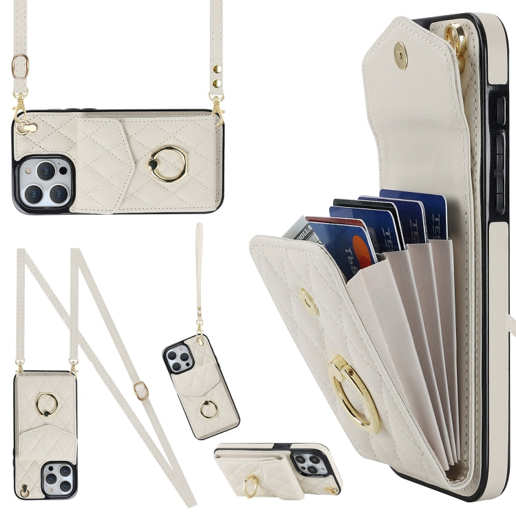 For iPhone 15 Pro Rhombic Texture Card Bag Phone Case with Long Lanyard(White) - HoMEdemic™ 