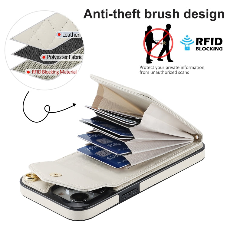 For iPhone 15 Pro Rhombic Texture Card Bag Phone Case with Long Lanyard(White) - HoMEdemic™ 