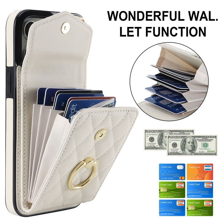 For iPhone 15 Pro Rhombic Texture Card Bag Phone Case with Long Lanyard(White) - HoMEdemic™ 