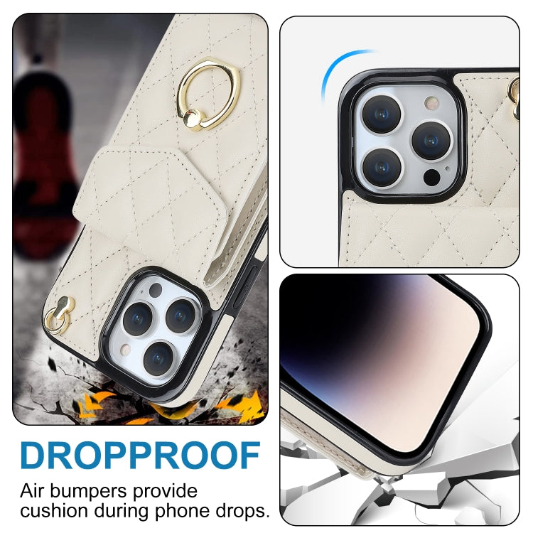 For iPhone 15 Pro Rhombic Texture Card Bag Phone Case with Long Lanyard(White) - HoMEdemic™ 