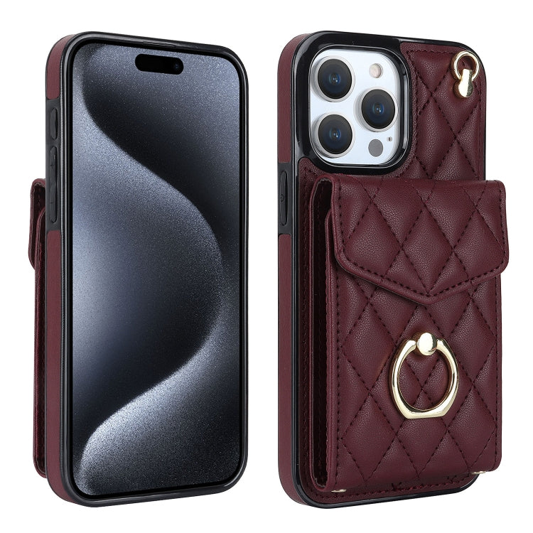 For iPhone 15 Pro Rhombic Texture Card Bag Phone Case with Long Lanyard(Wine Red) - HoMEdemic™ 