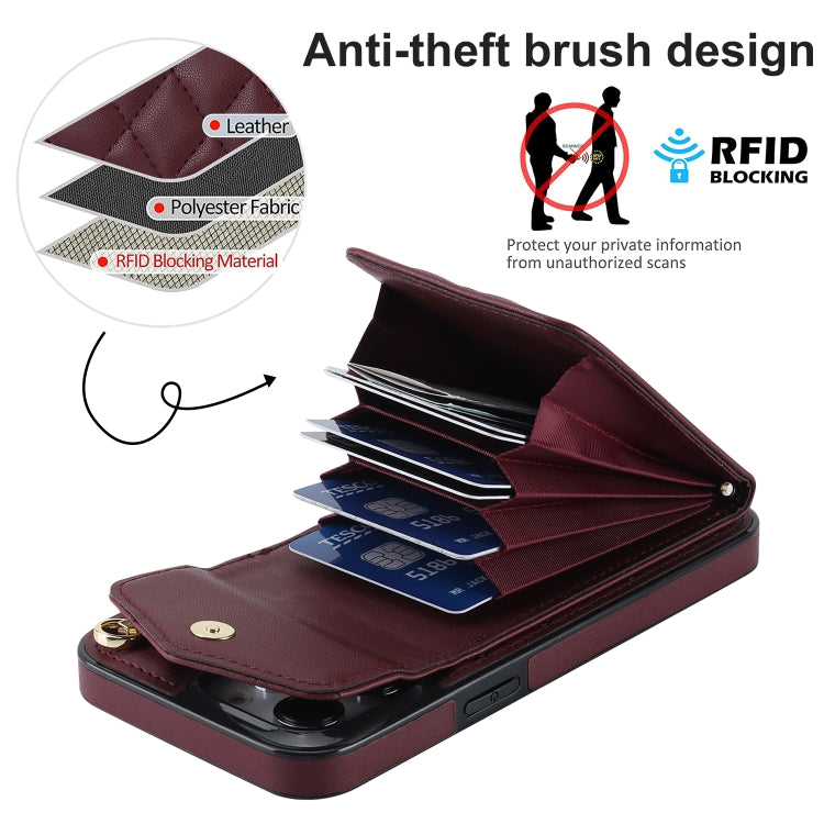 For iPhone 15 Pro Rhombic Texture Card Bag Phone Case with Long Lanyard(Wine Red) - HoMEdemic™ 