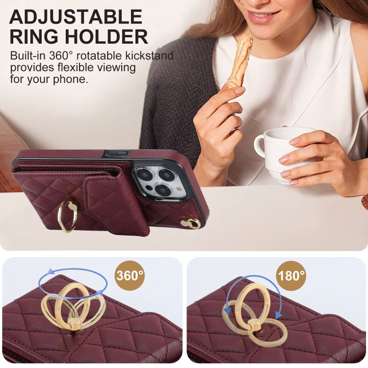 For iPhone 15 Pro Rhombic Texture Card Bag Phone Case with Long Lanyard(Wine Red) - HoMEdemic™ 