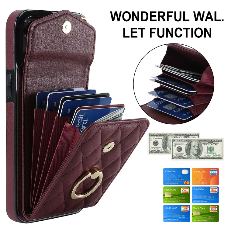For iPhone 15 Pro Rhombic Texture Card Bag Phone Case with Long Lanyard(Wine Red) - HoMEdemic™ 