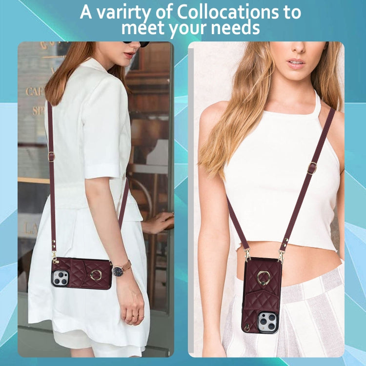 For iPhone 15 Pro Rhombic Texture Card Bag Phone Case with Long Lanyard(Wine Red) - HoMEdemic™ 