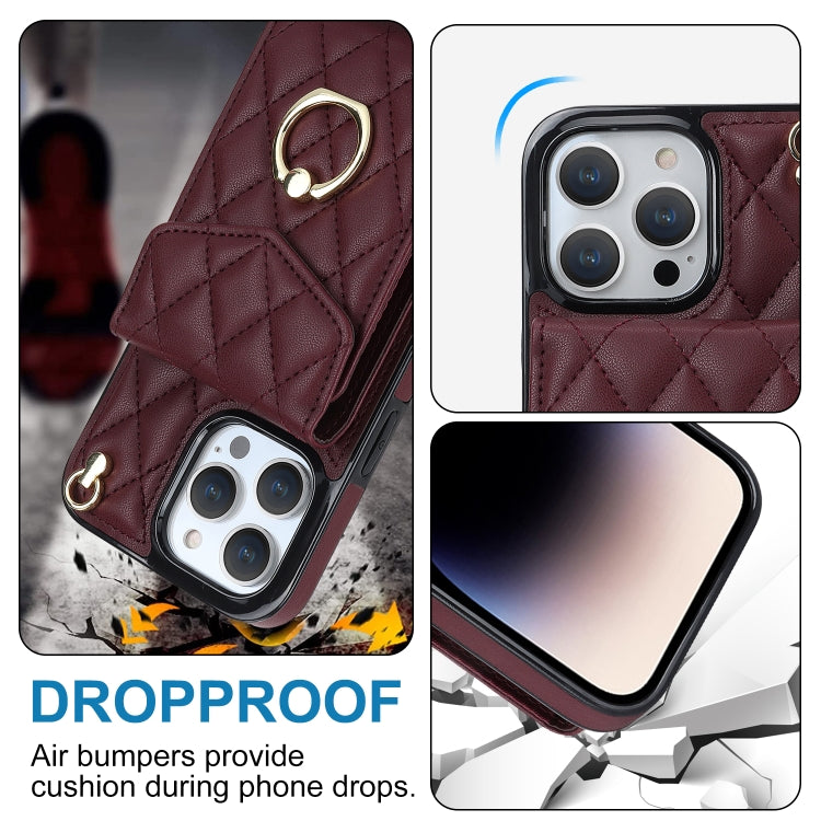 For iPhone 15 Pro Rhombic Texture Card Bag Phone Case with Long Lanyard(Wine Red) - HoMEdemic™ 