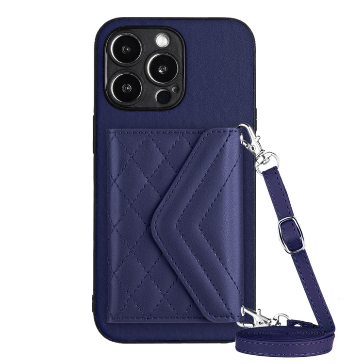 For iPhone 15 Pro Rhombic Texture Card Bag RFID Phone Case with Long Lanyard(Blue) - HoMEdemic™ 