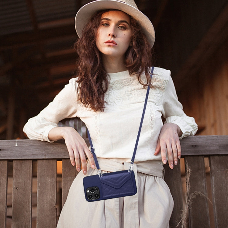 For iPhone 15 Pro Rhombic Texture Card Bag RFID Phone Case with Long Lanyard(Blue) - HoMEdemic™ 