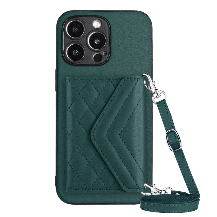 For iPhone 15 Pro Rhombic Texture Card Bag RFID Phone Case with Long Lanyard(Green) - HoMEdemic™ 