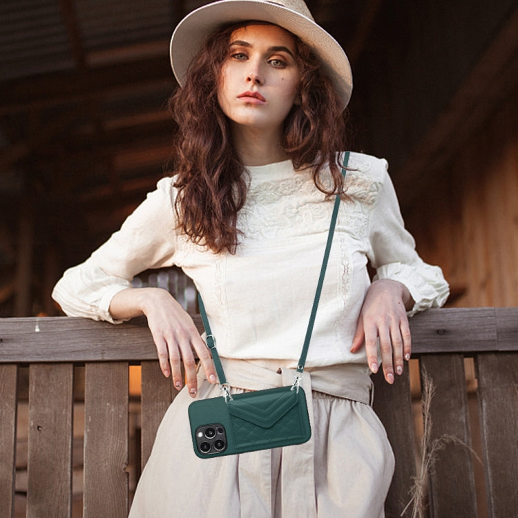 For iPhone 15 Pro Rhombic Texture Card Bag RFID Phone Case with Long Lanyard(Green) - HoMEdemic™ 