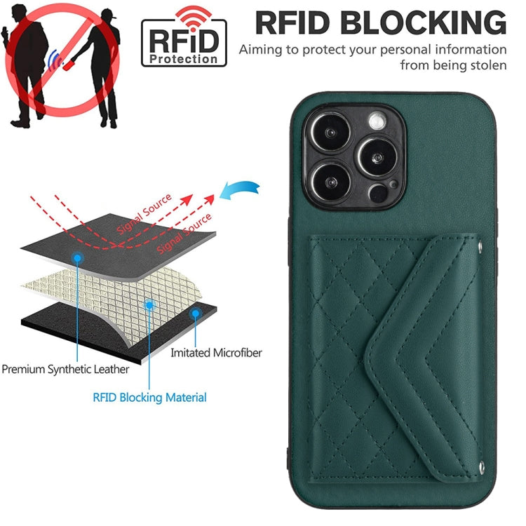 For iPhone 15 Pro Rhombic Texture Card Bag RFID Phone Case with Long Lanyard(Green) - HoMEdemic™ 