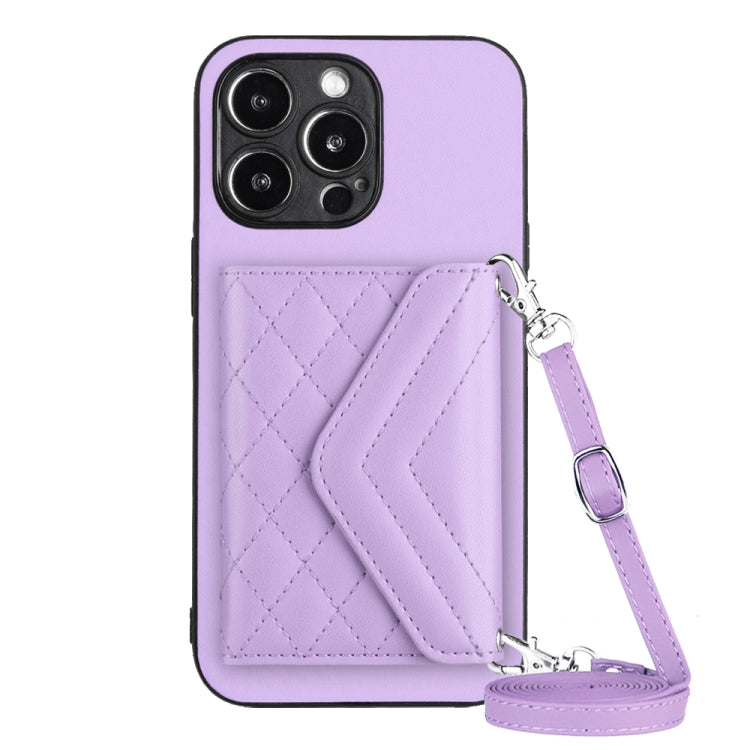 For iPhone 15 Pro Rhombic Texture Card Bag RFID Phone Case with Long Lanyard(Light Purple) - HoMEdemic™ 