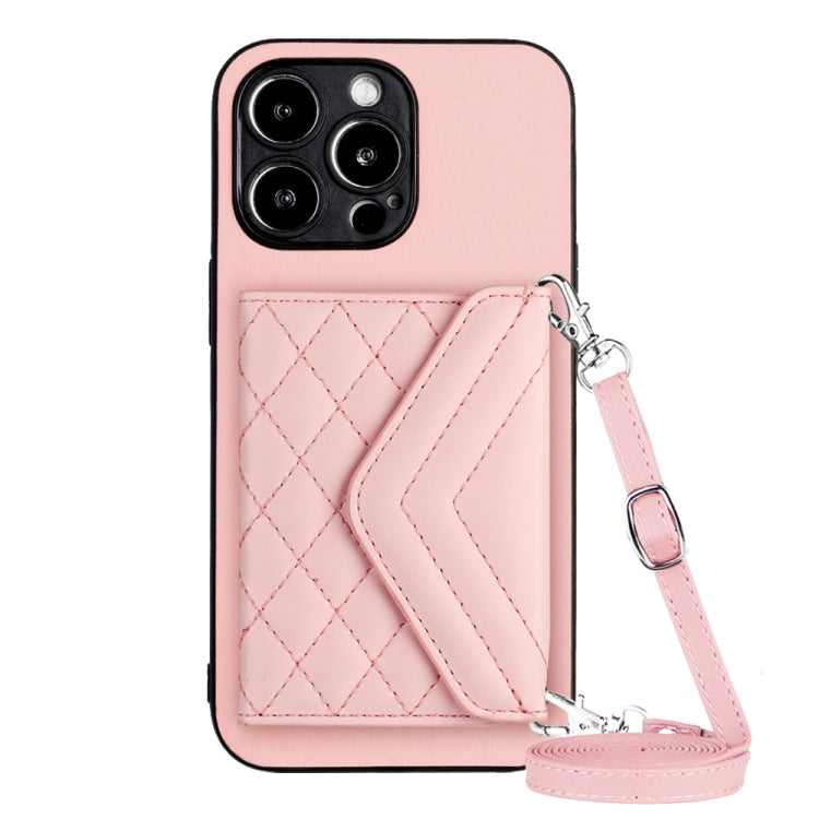For iPhone 15 Pro Rhombic Texture Card Bag RFID Phone Case with Long Lanyard(Rose Gold) - HoMEdemic™ 