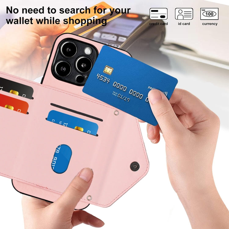 For iPhone 15 Pro Rhombic Texture Card Bag RFID Phone Case with Long Lanyard(Rose Gold) - HoMEdemic™ 