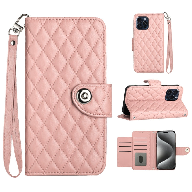 For iPhone 15 Pro Rhombic Texture Flip Leather Phone Case with Lanyard(Coral Pink) - HoMEdemic™ 