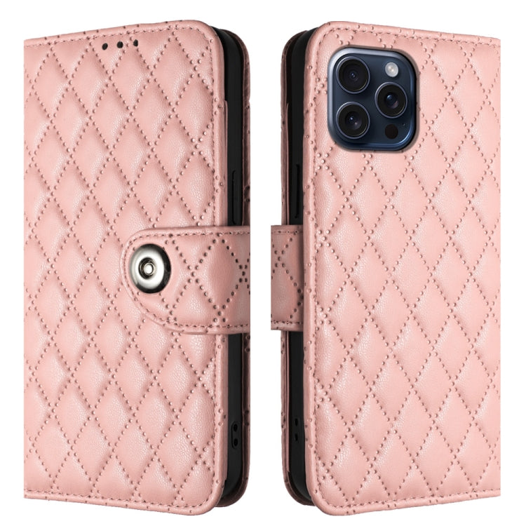 For iPhone 15 Pro Rhombic Texture Flip Leather Phone Case with Lanyard(Coral Pink) - HoMEdemic™ 